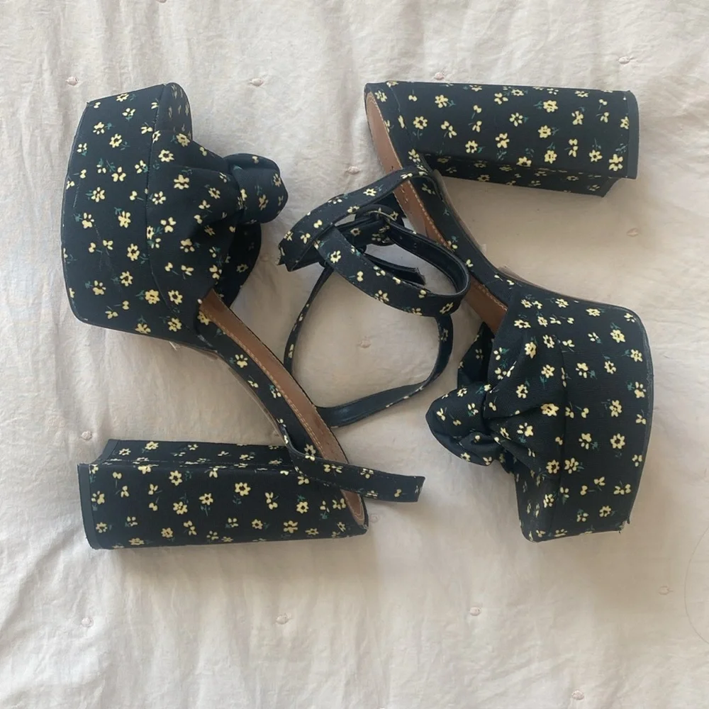 ASOS Floral Platform Block Heels with Ankle Strap